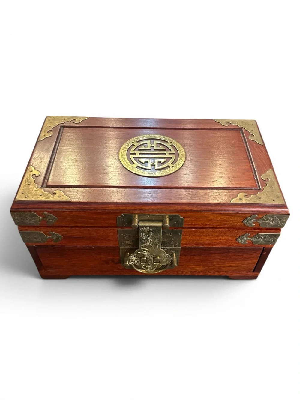 Vintage Chinese Rosewood Decorative Wooden Jewelry Box  Brass Hardware  Hongmu